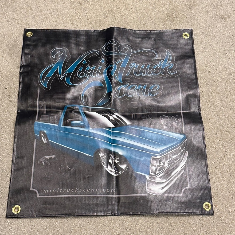 Mini Truck Scene Vinyl Banner Blue Lowered Pickup Truck Garage Wall Art 20x22.5
